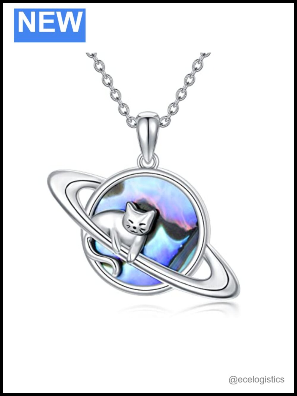 Sterling Silver Cat Planet Pendant Necklace 18+2" Chain Gift for Cat Lovers